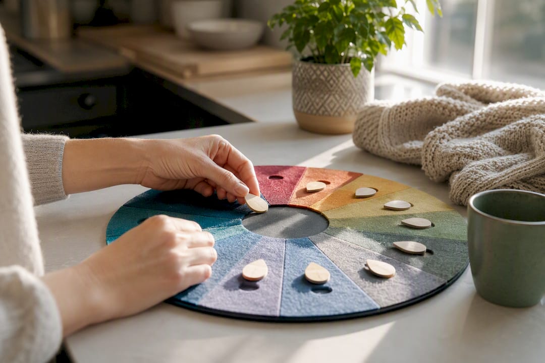 Hands placing spoon tokens on daily energy organizer
