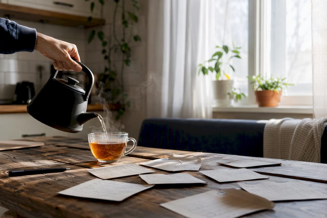 Handwritten energy scripts with tea pour on table