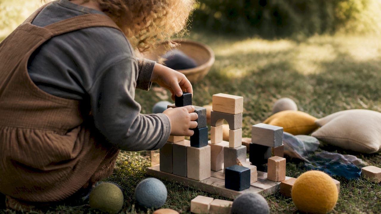 Child's hands building tactile puzzle