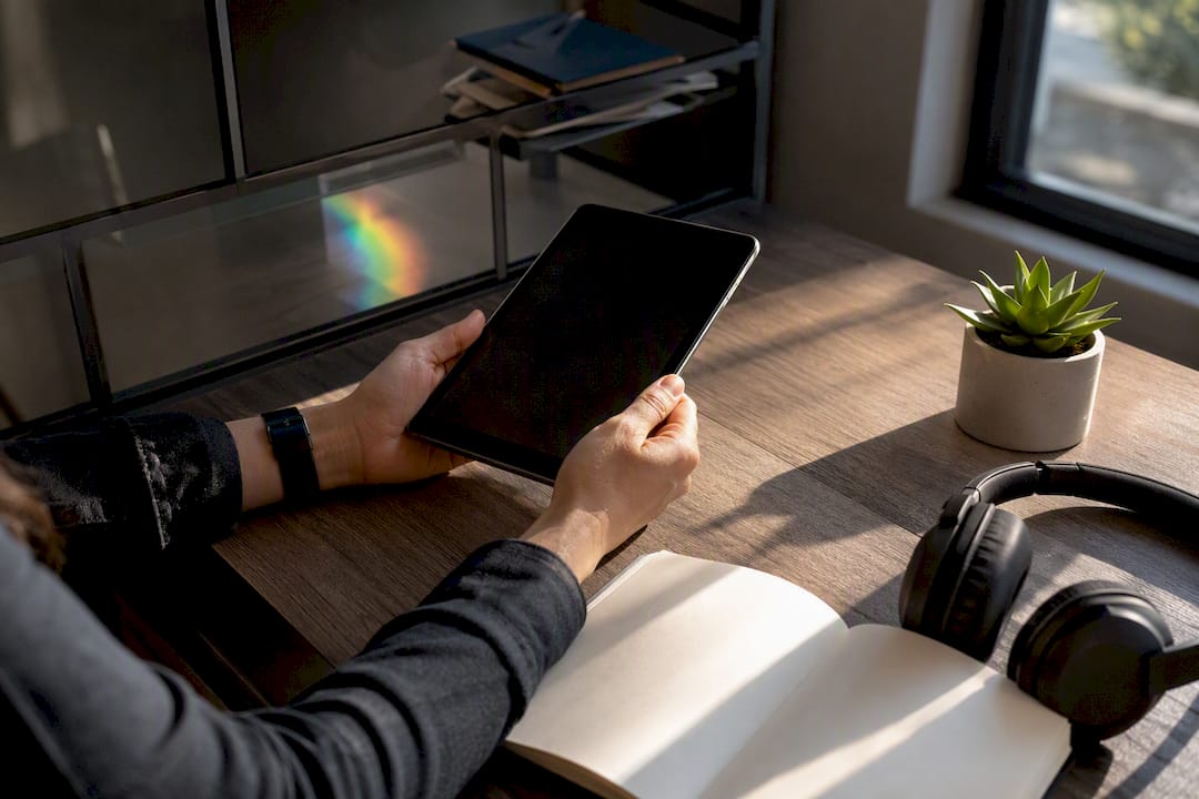 Mains tenant une tablette et un casque sur un bureau