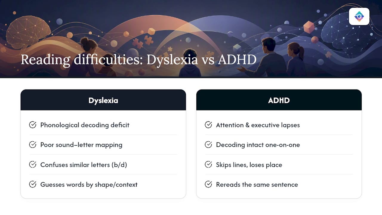 ADHD and dyslexia reading difficulty comparison