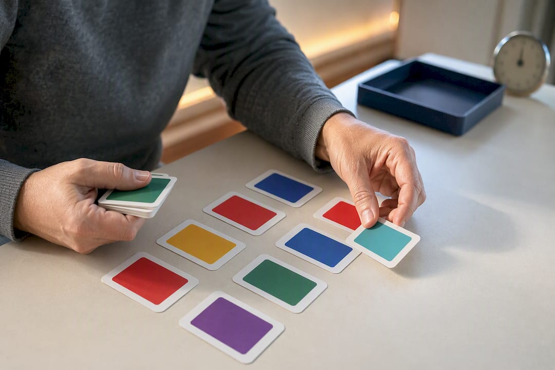 Manos organizando tarjetas durante una prueba ejecutiva