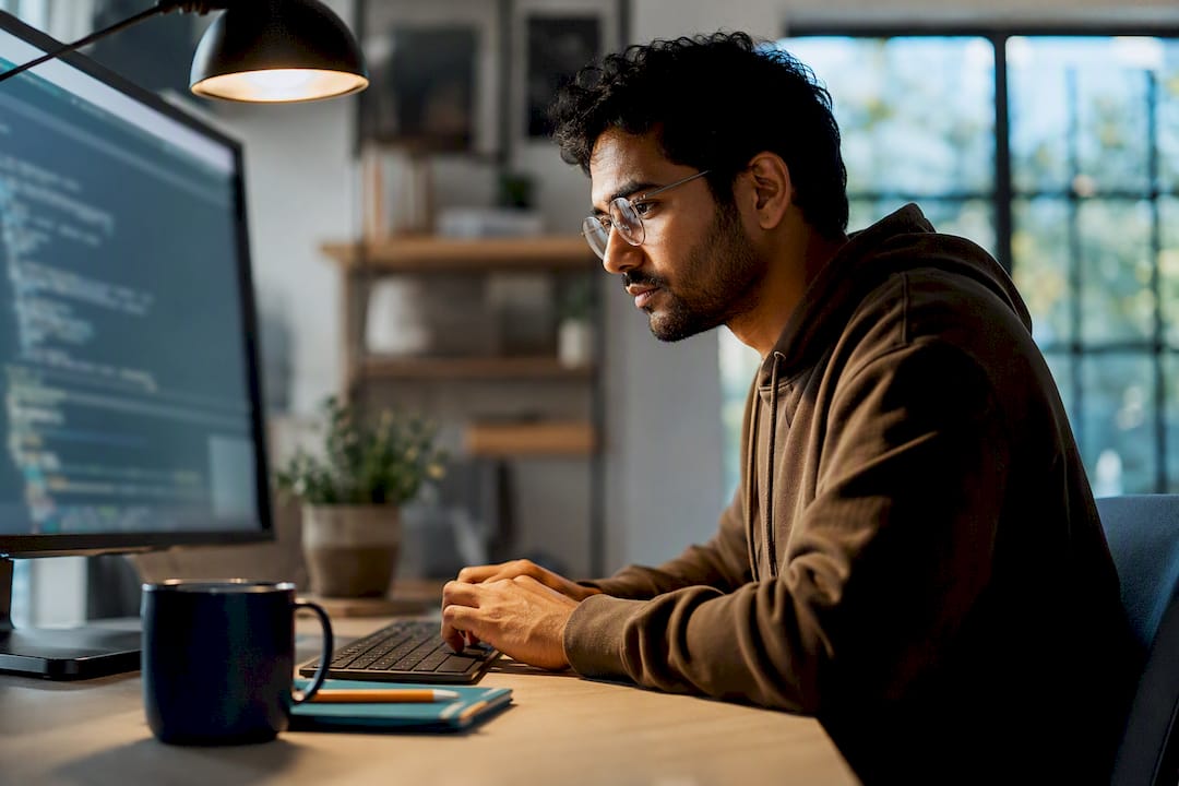 Adult intensely focused on coding task