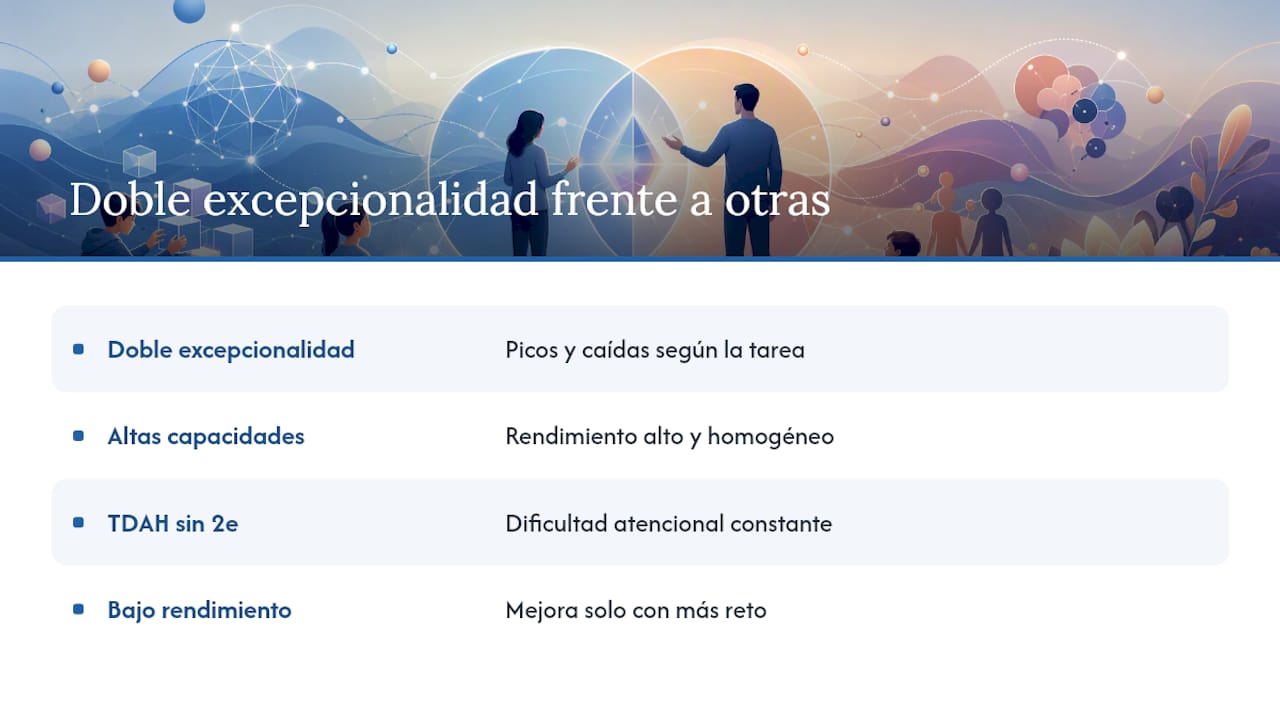Doble excepcionalidad frente a otras condiciones: cómo no confundirlas — overview diagram