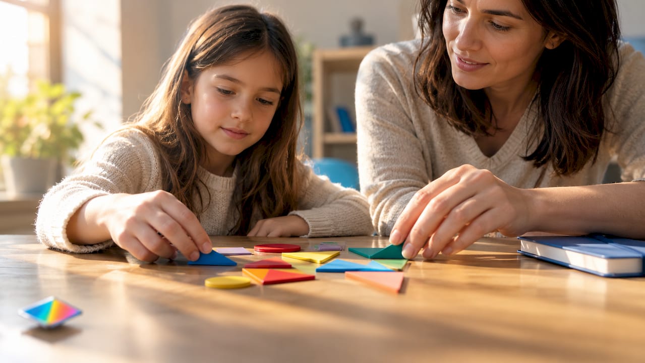 Adulto y niña acomodando piezas geométricas