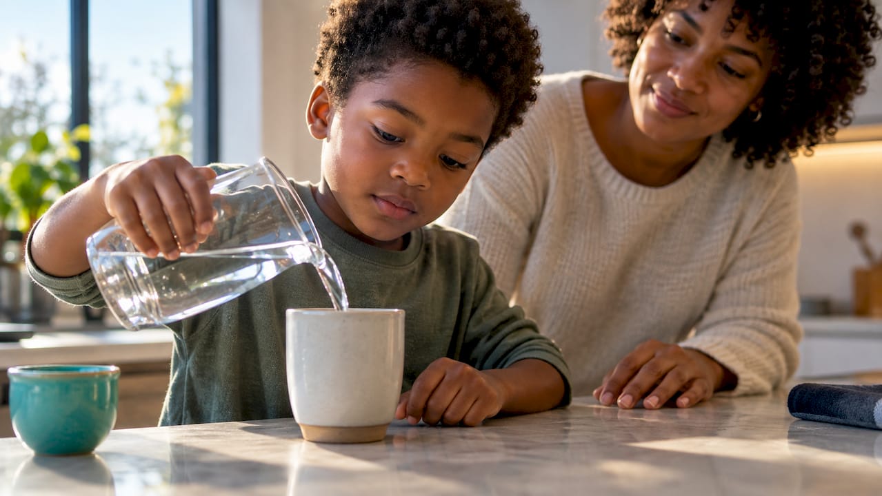 Child pausing while pouring water