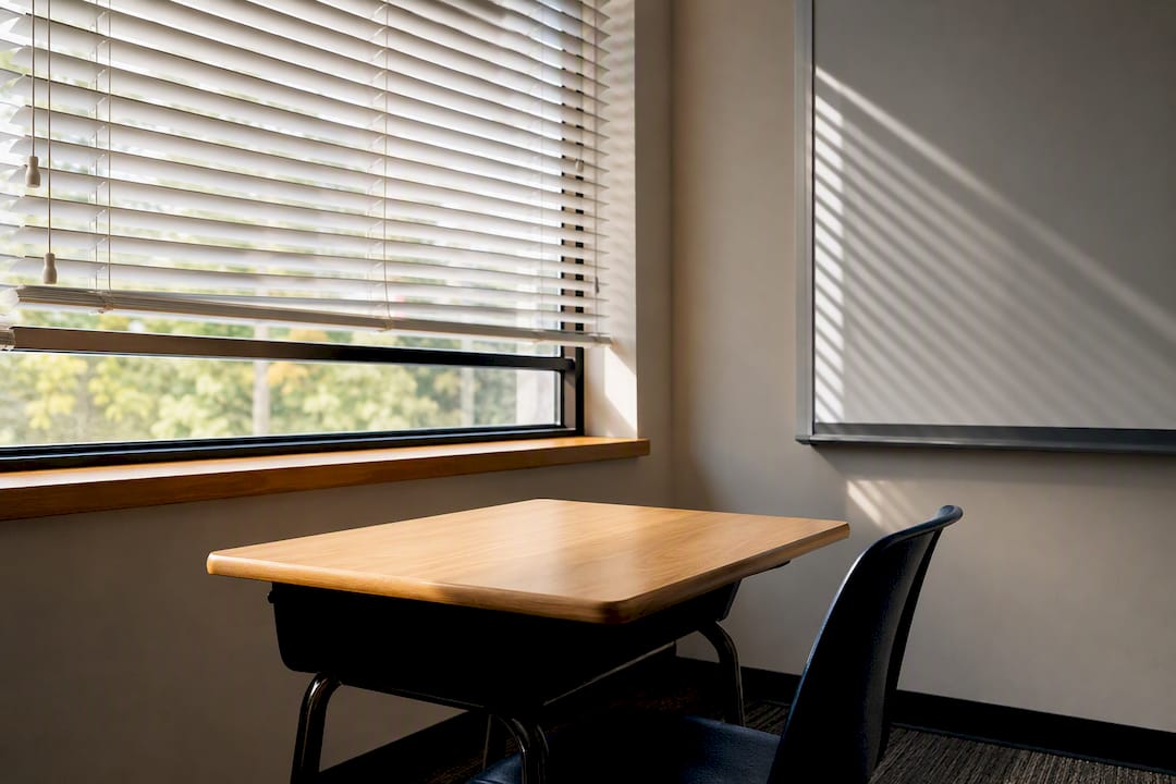 Blinds and desk placement reducing classroom glare
