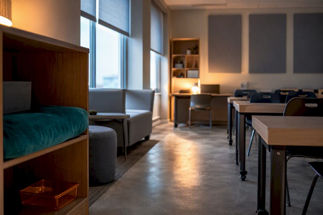 Sensory-friendly classroom with distinct learning zones