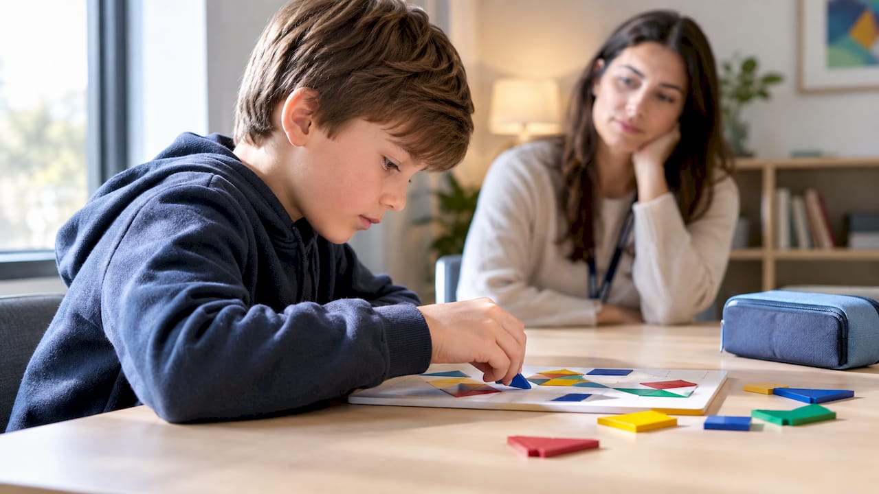 Bambino focalizzato su un'attività scolastica complessa