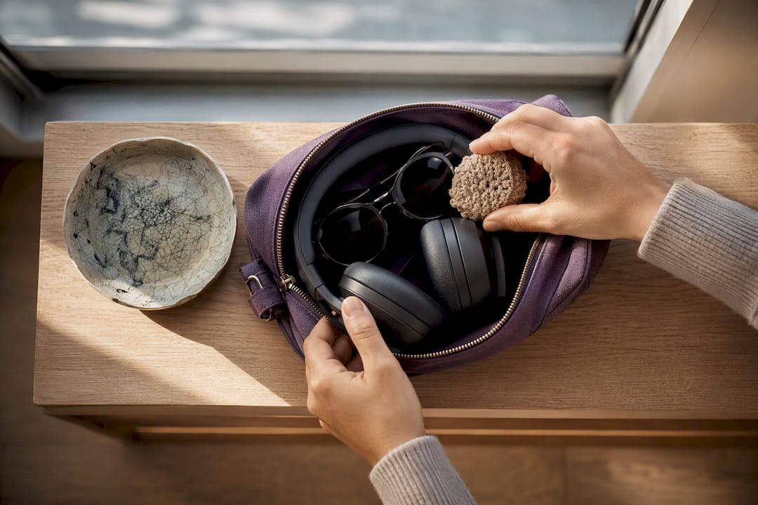 Borsa sensoriale con cuffie, occhiali da sole e oggetto tattile