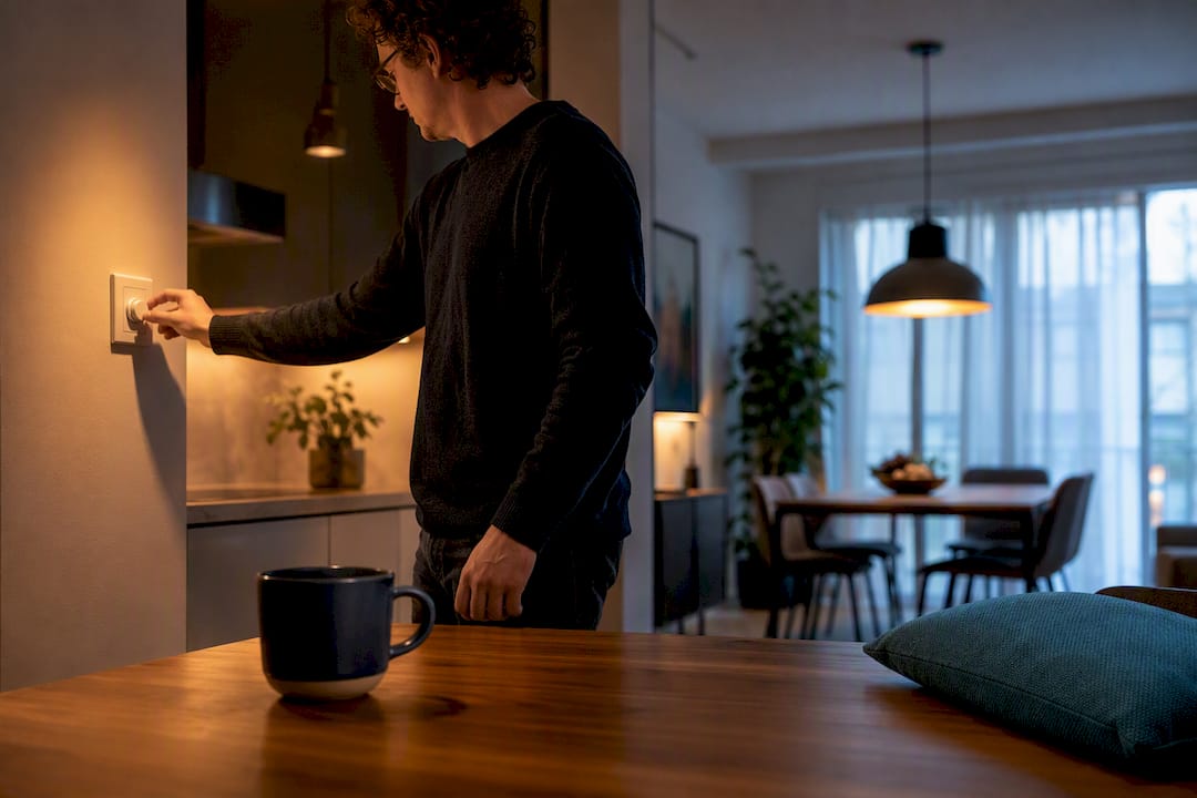 Adult adjusting light in calm dining area