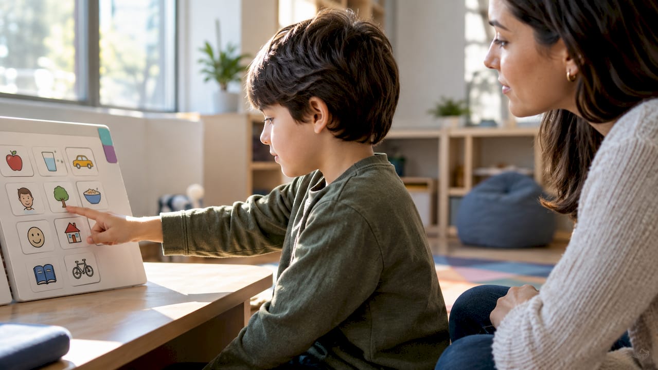 Niño que usa un tablero de pictogramas