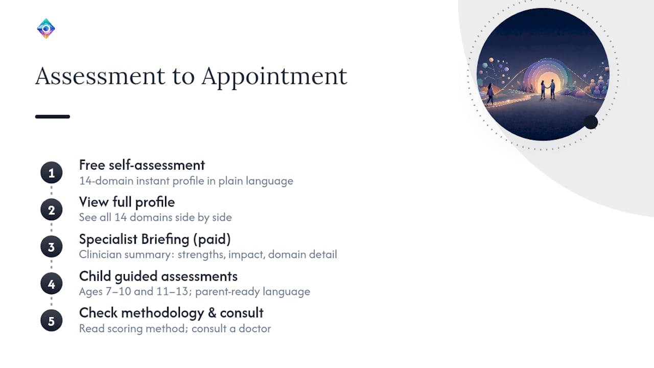 Omniprism's assessments and the Specialist Briefing — overview diagram