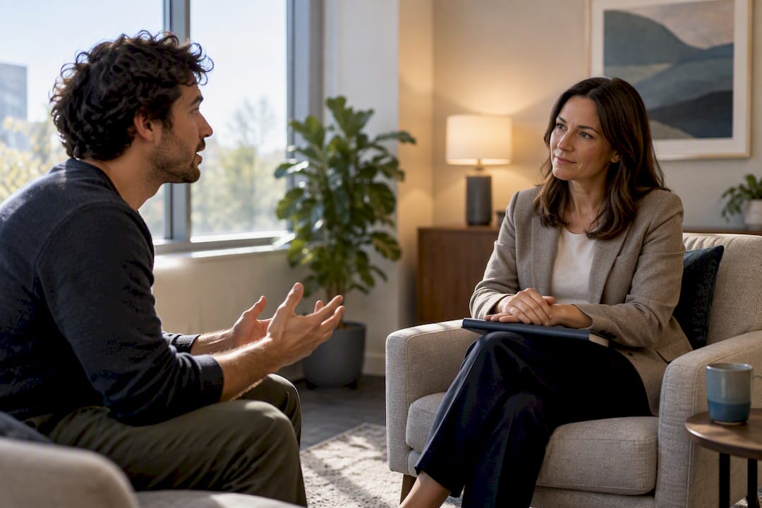 Adult speaking with clinician during ADHD assessment