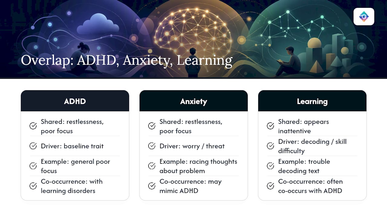 How do ADHD symptoms overlap with anxiety and learning difficulties? — overview diagram