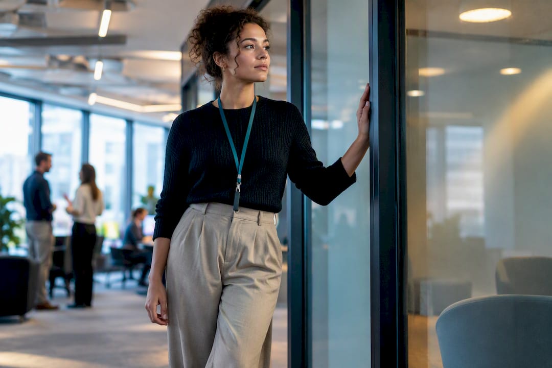 Worker pausing beside a quiet office room