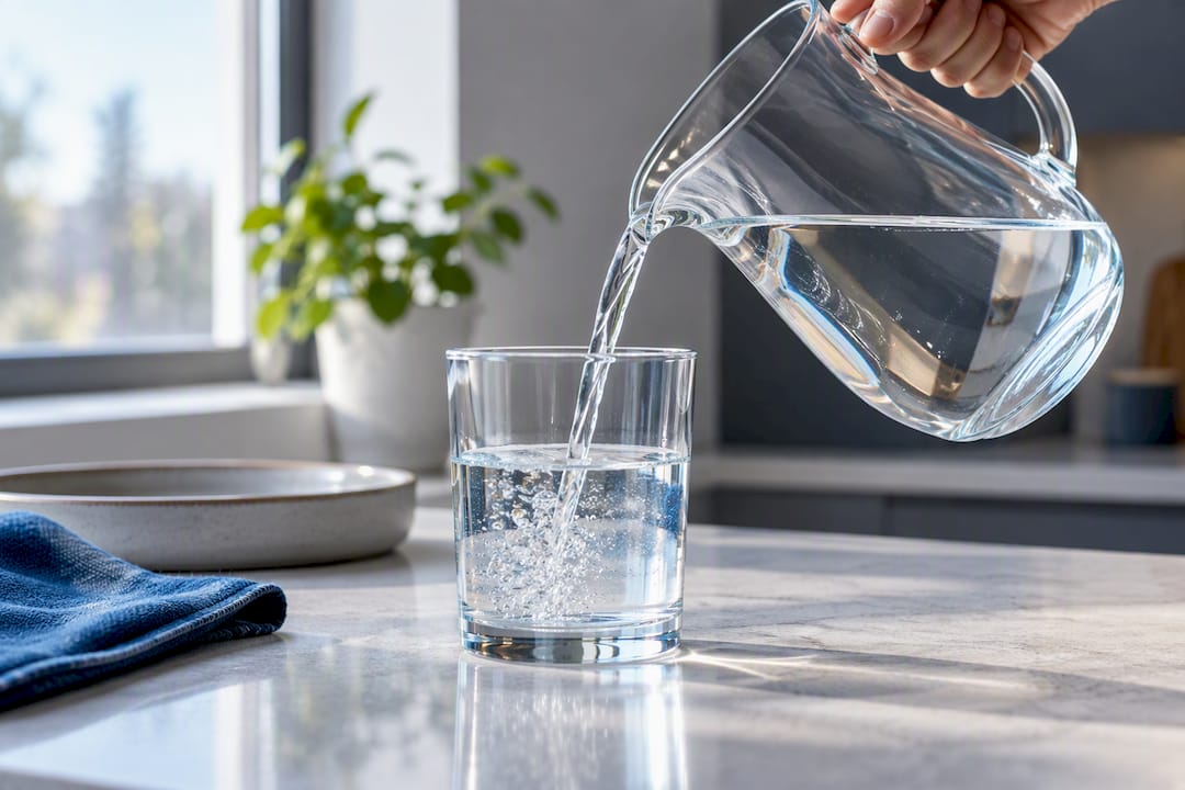 Mano vertiendo agua en un vaso