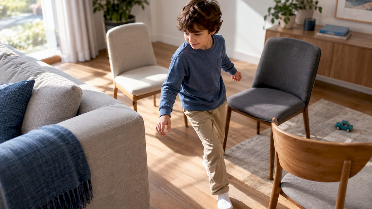 Niño jugando entre los muebles de una sala